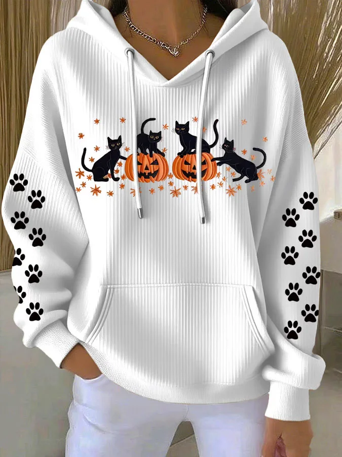 Casual Halloween Cat Pumpkin Art Print Hoodie Comfy Hoodie