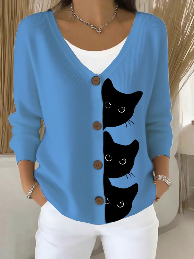 Women Cat Long Sleeve Comfy Casual Cardigan