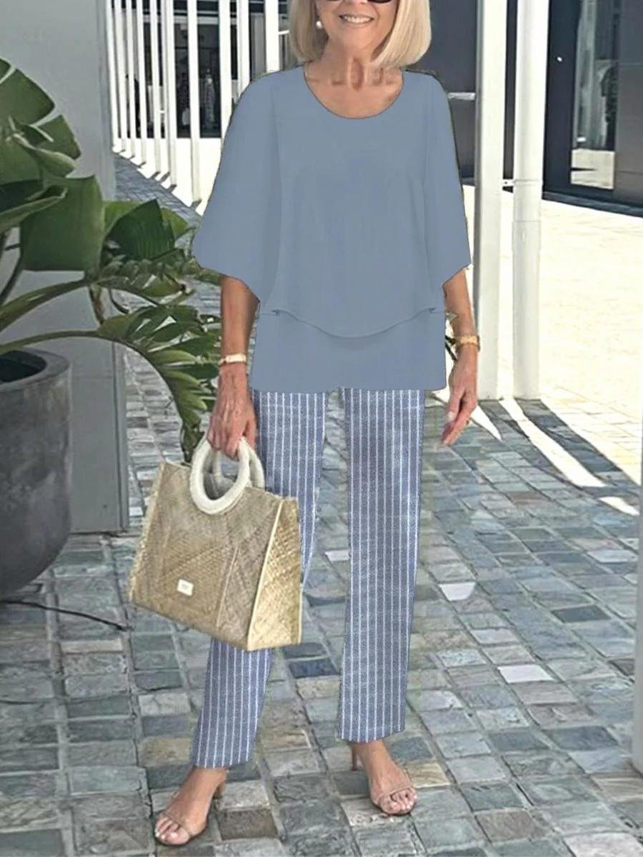 Women Striped Bell Sleeve Two-Piece Set Holiday Three Quarter Sleeve Vintage Spring/Fall Top With Pants Matching Set