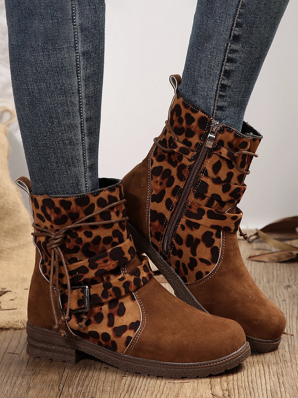 Vintage Color Block Zipper Low Heel Straight Boots