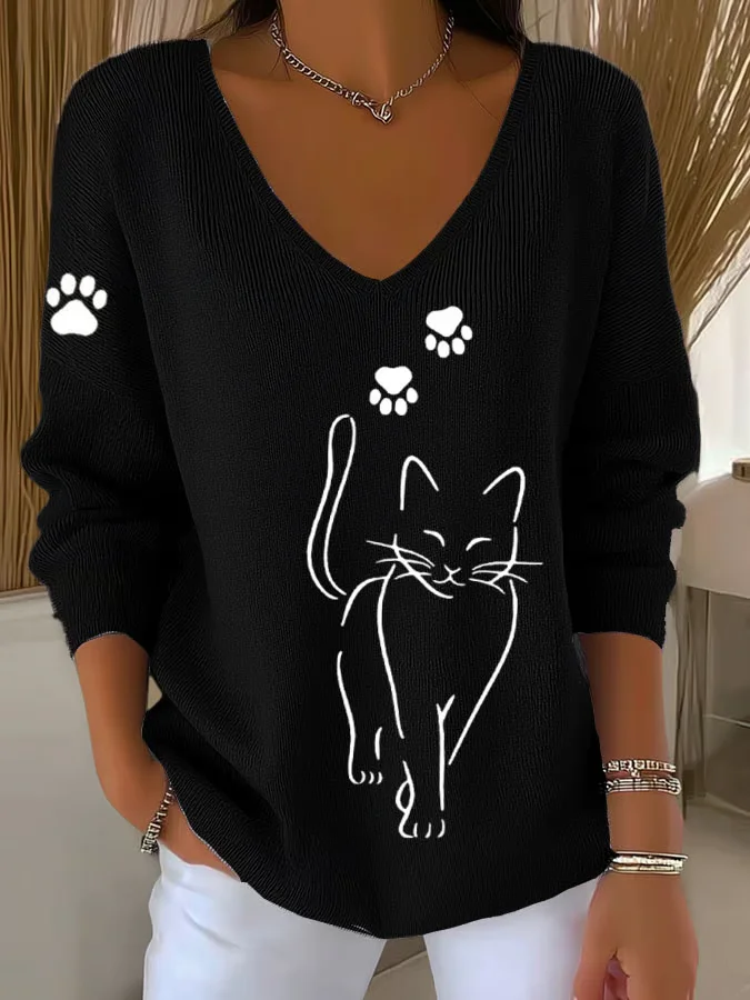 Casual Cute Cat Print V Neck Long Sleeve T-shirt