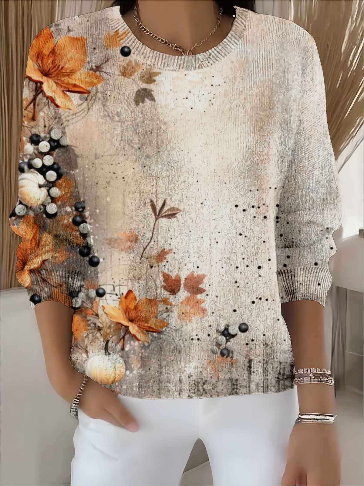 Women Maple Leaf Long Sleeve Comfy Vintage Sweater