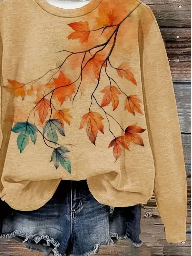 Casual Crew Neck Maple Leaf Sweatshirt Printing