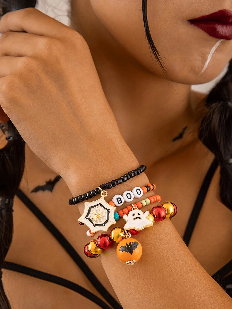 Halloween Funny Skull Rice Bead Bracelet Set Personality Devil Eye Glaze Bat Multi-layer Bracelet