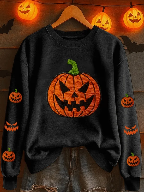 Casual Crew Neck Halloween (pumpkin) Sweatshirt Printing