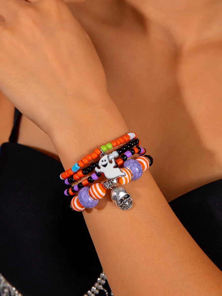 Halloween Funny Skull Rice Bead Bracelet Set Personality Devil Eye Glaze Bat Multi-layer Bracelet