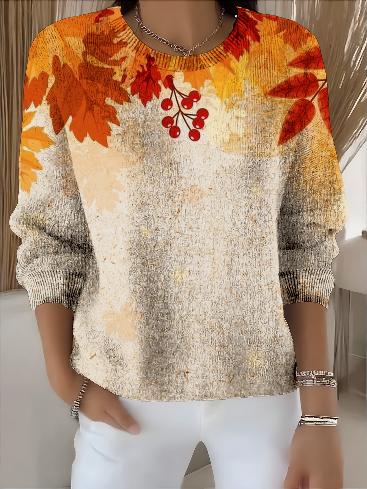 Women Maple Leaf Long Sleeve Comfy Vintage Sweater