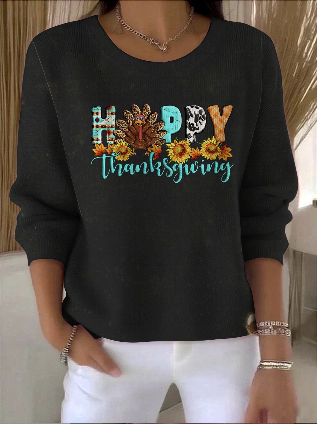 Women Cotton Text Letters Long Sleeve Comfy Vintage Sweater