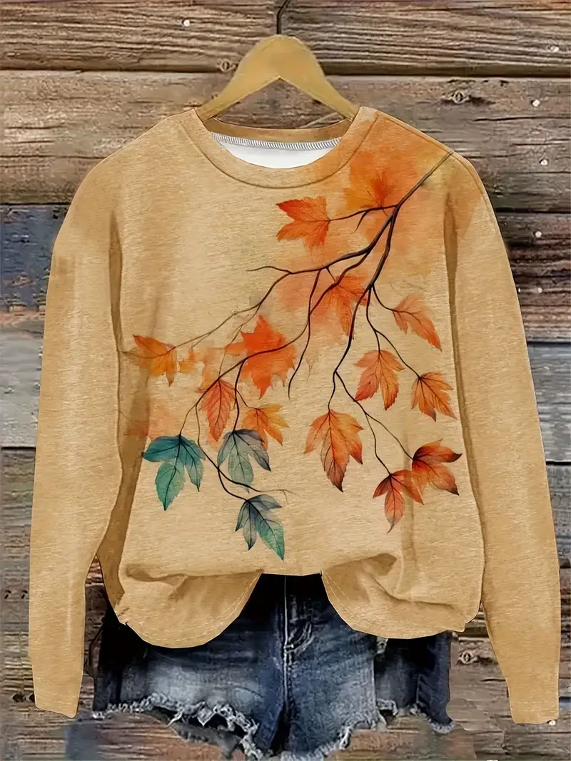 Casual Crew Neck Maple Leaf Sweatshirt Printing