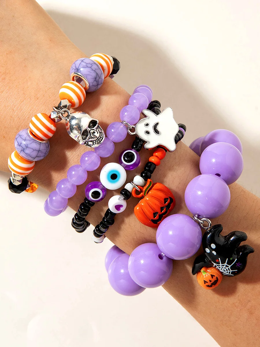 Halloween Funny Skull Rice Bead Bracelet Set Personality Devil Eye Glaze Bat Multi-layer Bracelet