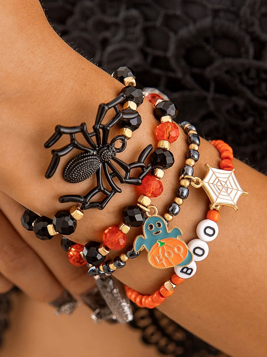 Halloween Funny Skull Rice Bead Bracelet Set Personality Devil Eye Glaze Bat Multi-layer Bracelet