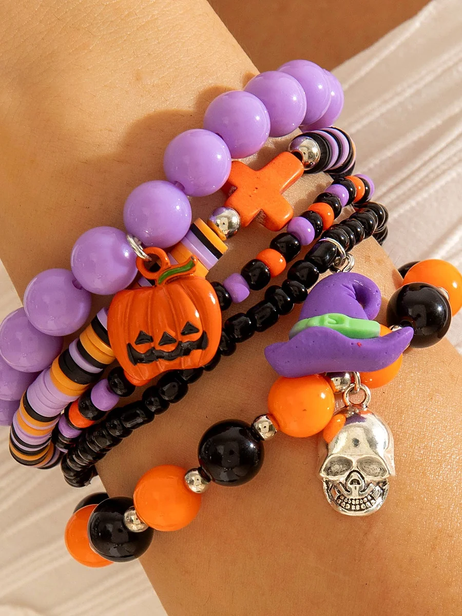 Halloween Funny Skull Rice Bead Bracelet Set Personality Devil Eye Glaze Bat Multi-layer Bracelet