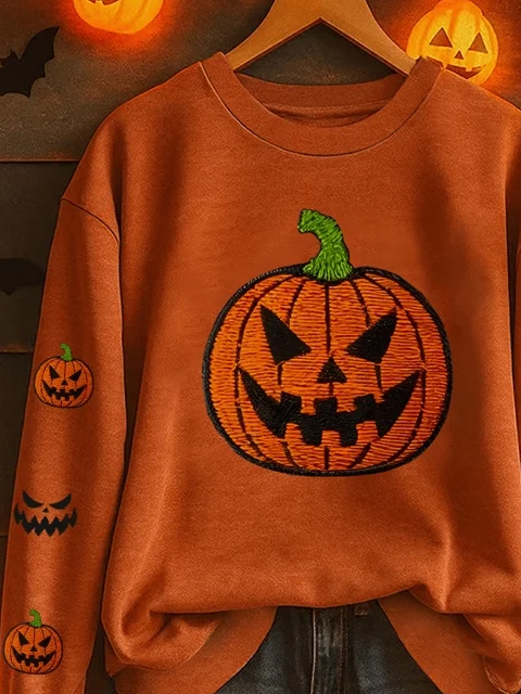 Casual Crew Neck Halloween (pumpkin) Sweatshirt Printing