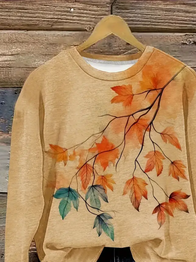 Casual Crew Neck Maple Leaf Sweatshirt Printing