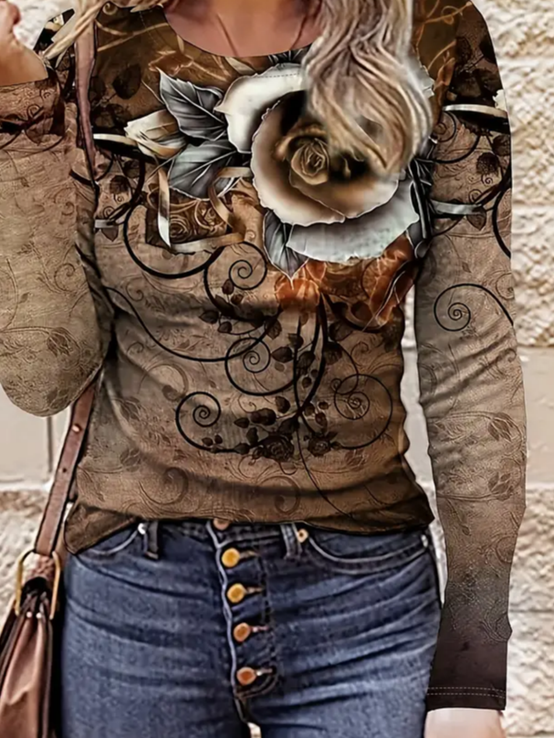 Casual Floral Crew Neck Long Sleeve T-shirt