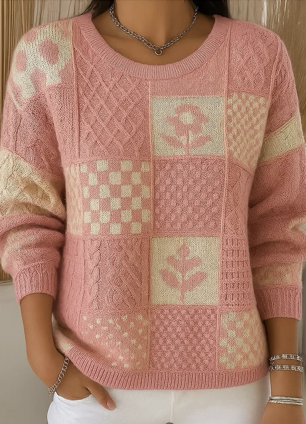 Women Cotton Geometric Long Sleeve Comfy Vintage Sweater