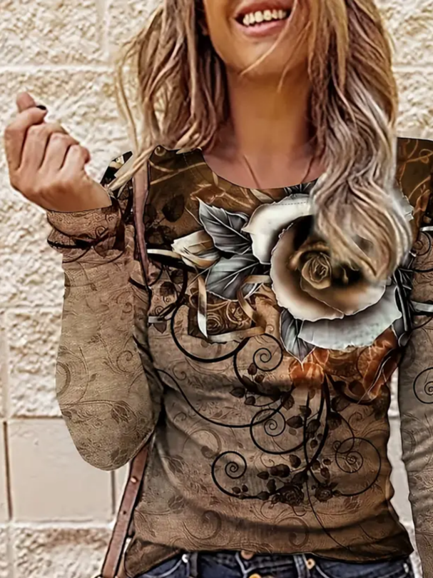 Casual Floral Crew Neck Long Sleeve T-shirt