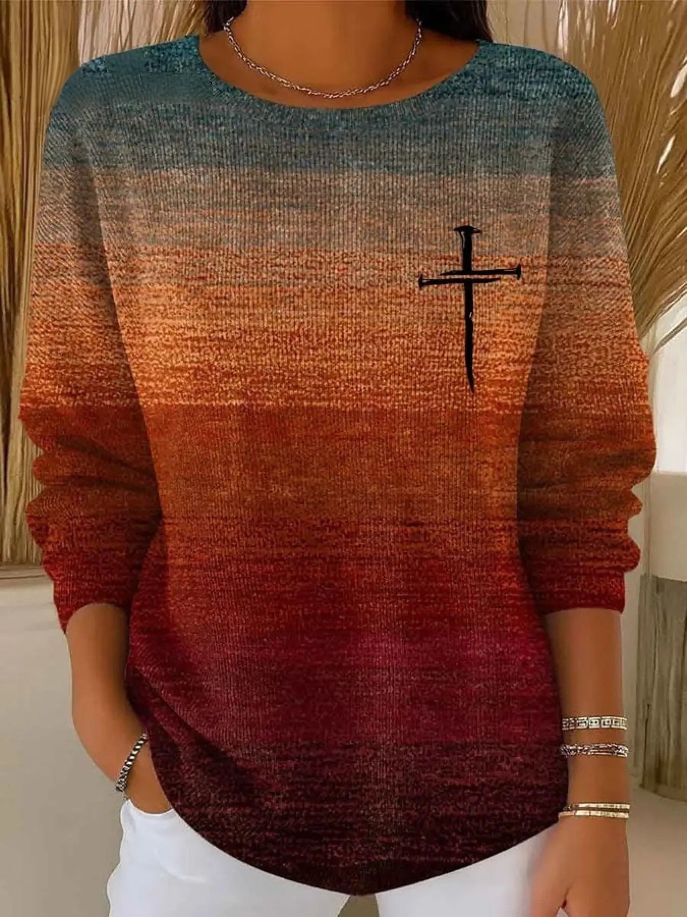 Women Imitation Cashmere Striped Long Sleeve Comfy Vintage Sweater
