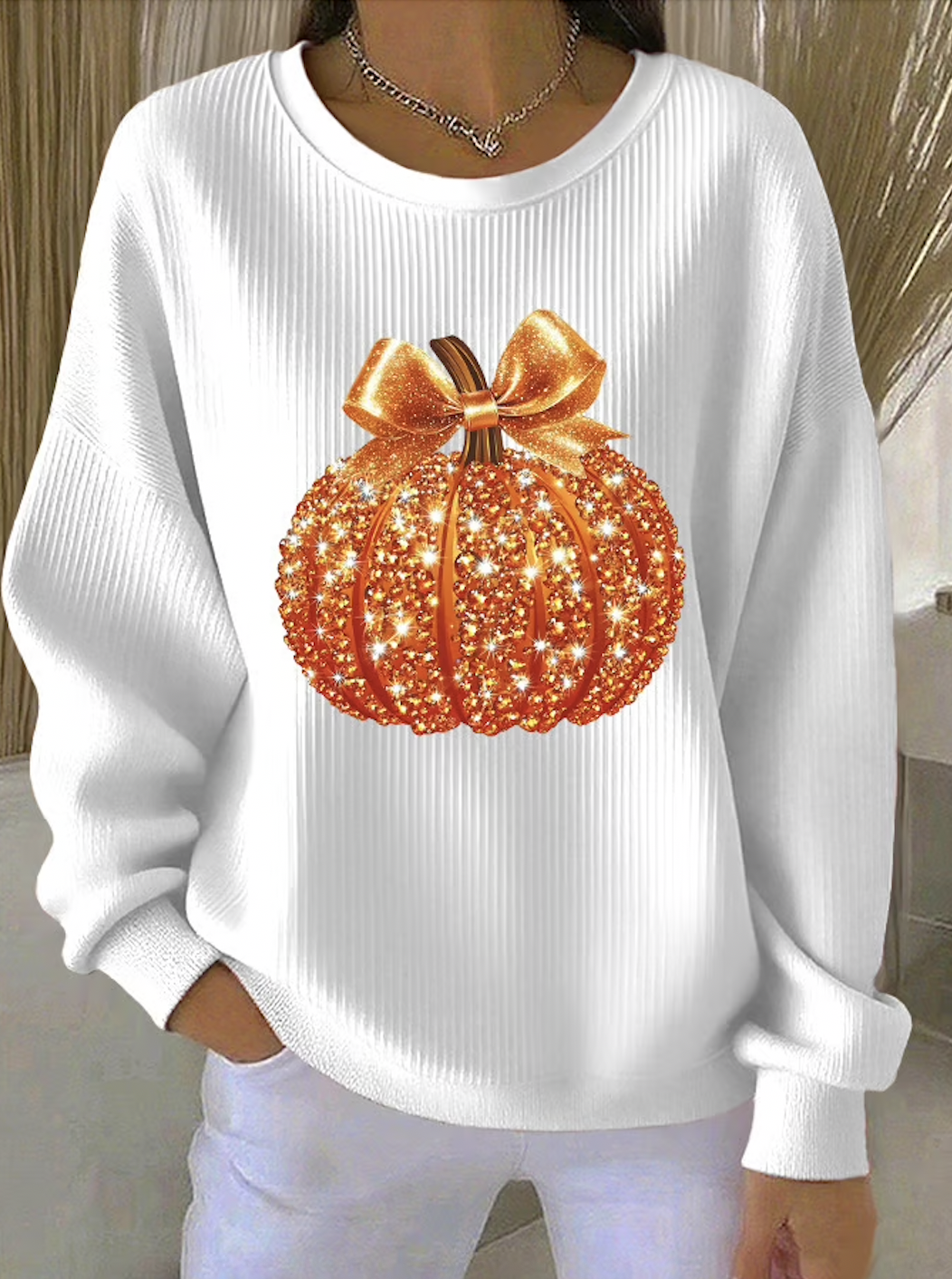 Casual Halloween Sequin Pumpkin Print Comfy Sweatshirt