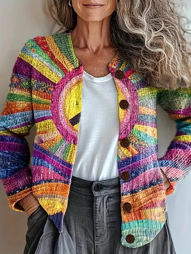 Women Knitted Striped Long Sleeve Comfy Vintage Cardigan