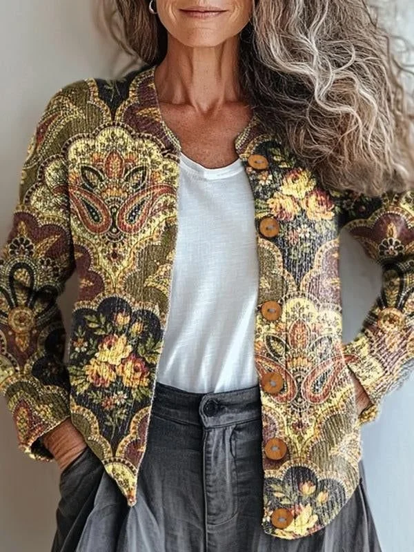 Women Knitted Geometric Long Sleeve Comfy Vintage Cardigan