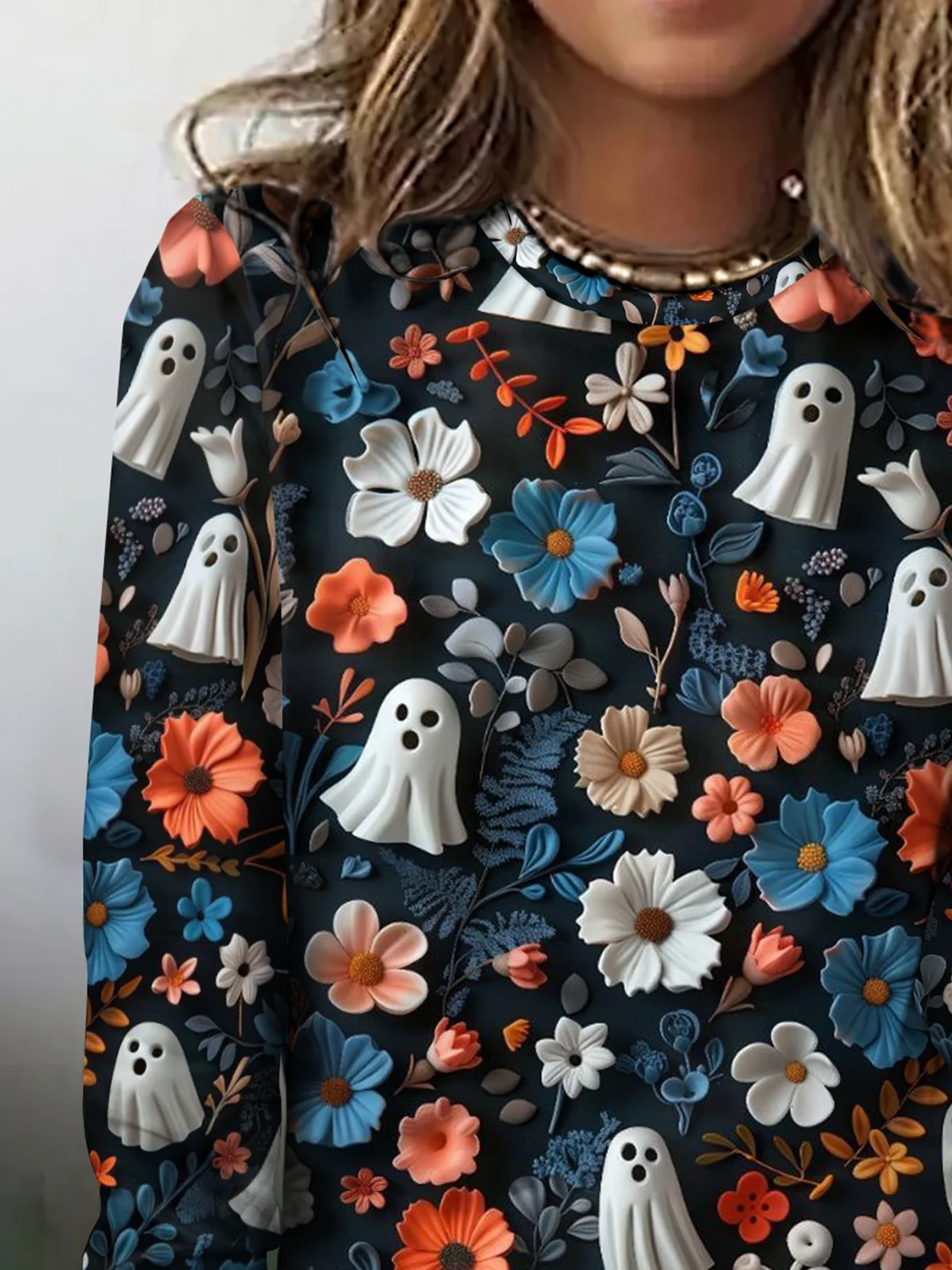 Vintage 3D Printing Crew Neck Long Sleeve T-shirt