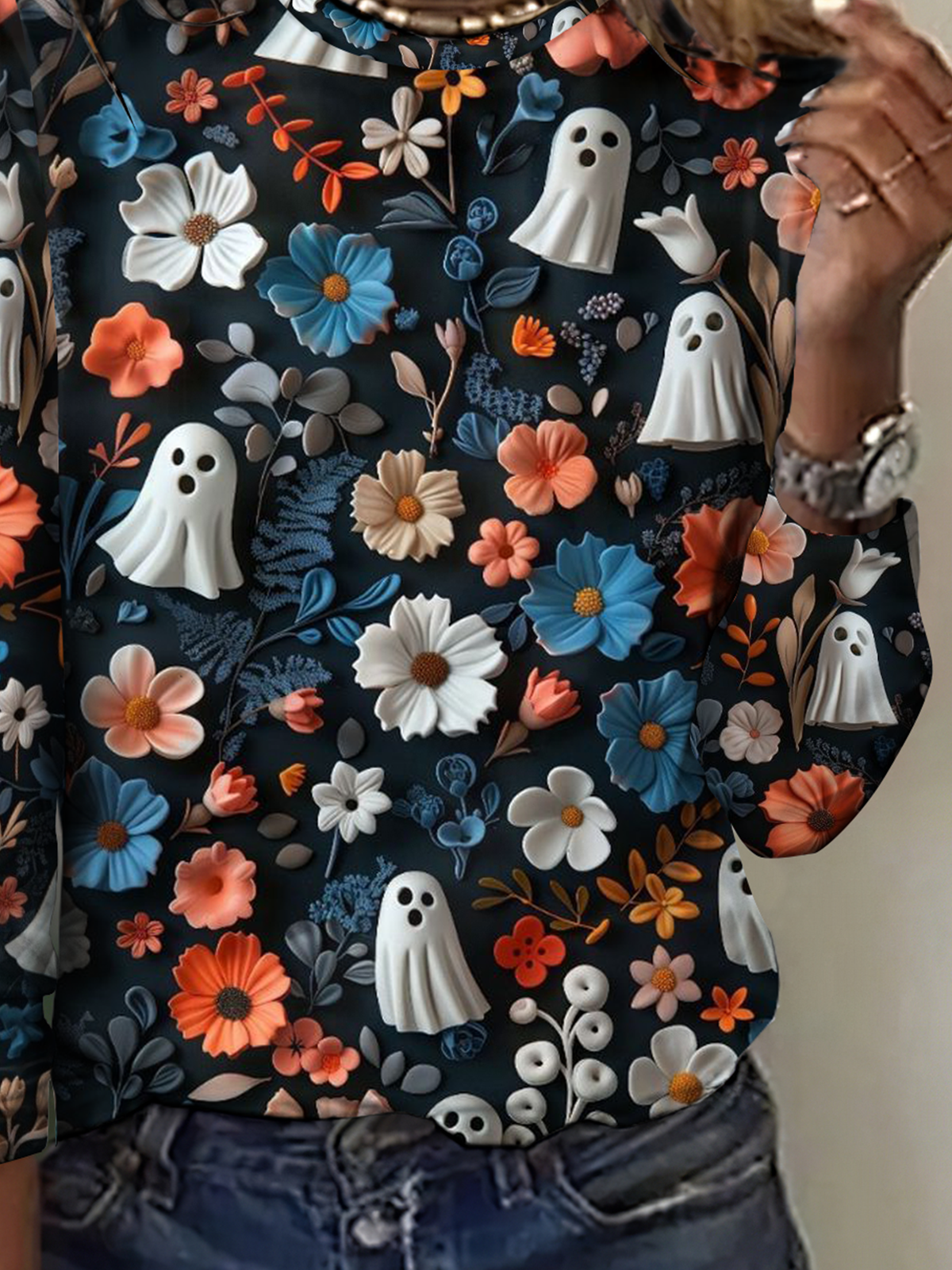 Vintage 3D Printing Crew Neck Long Sleeve T-shirt