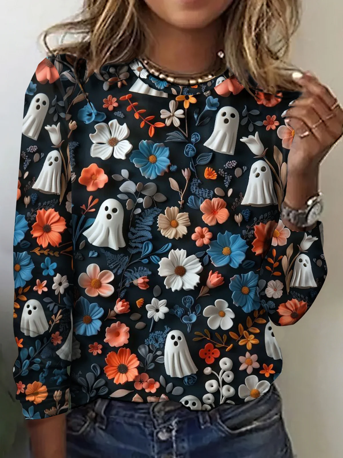 Vintage 3D Printing Crew Neck Long Sleeve T-shirt