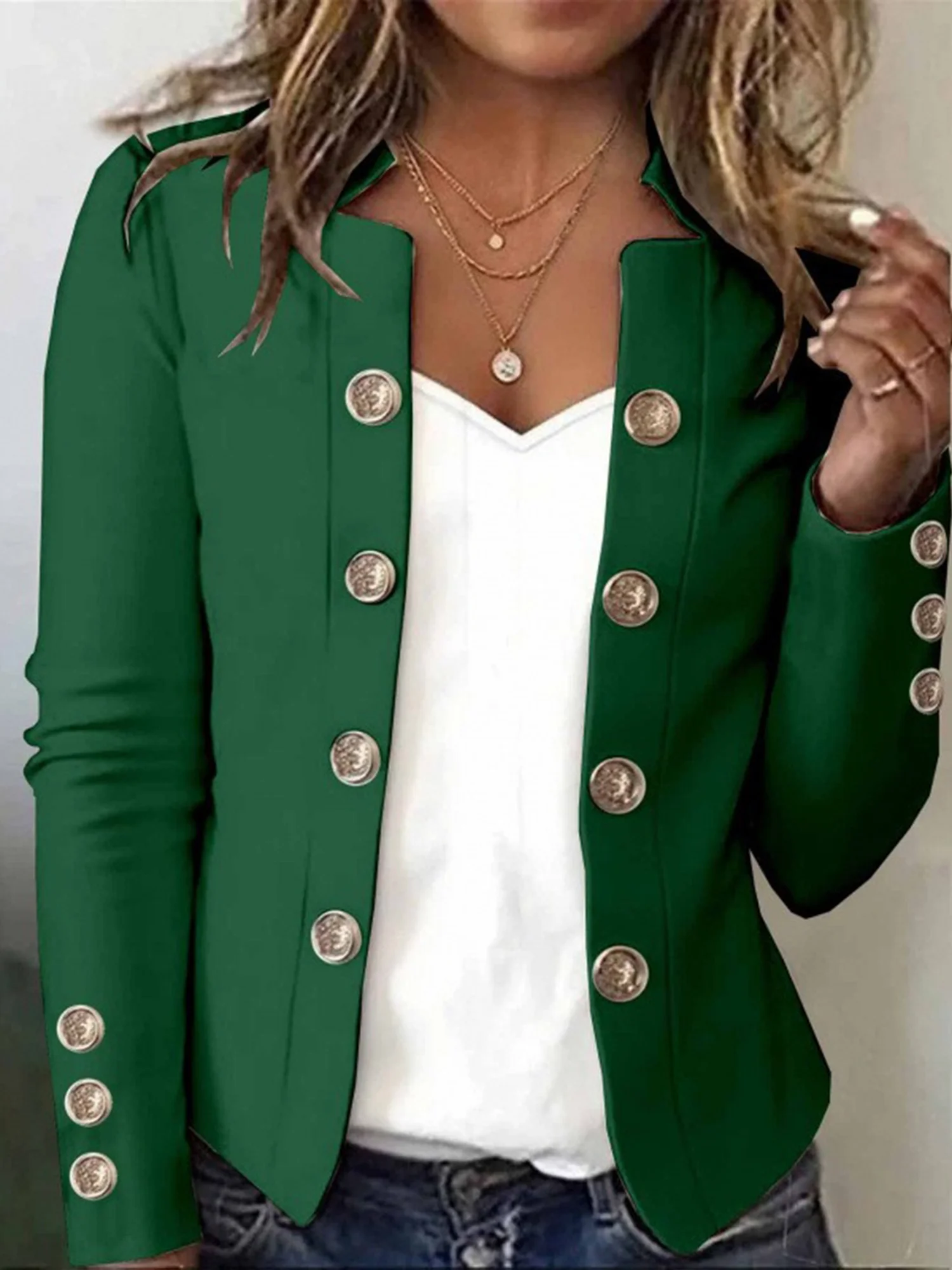 Women Plain Spring/Fall Outerwear Urban Buttoned Long Sleeve Notched Regular Blazer
