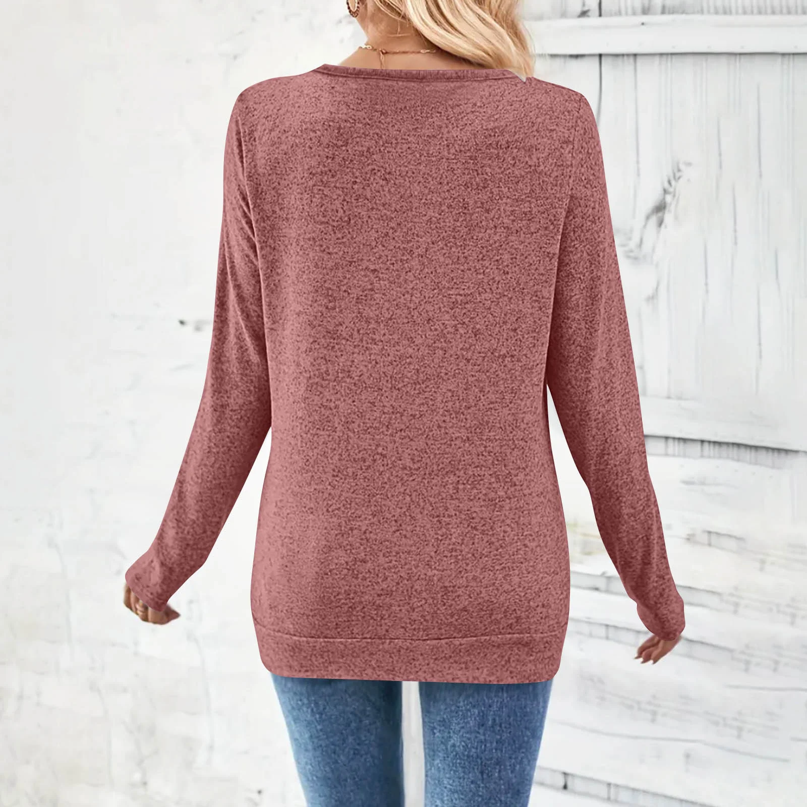 Casual Plain V Neck Long Sleeve T-shirt