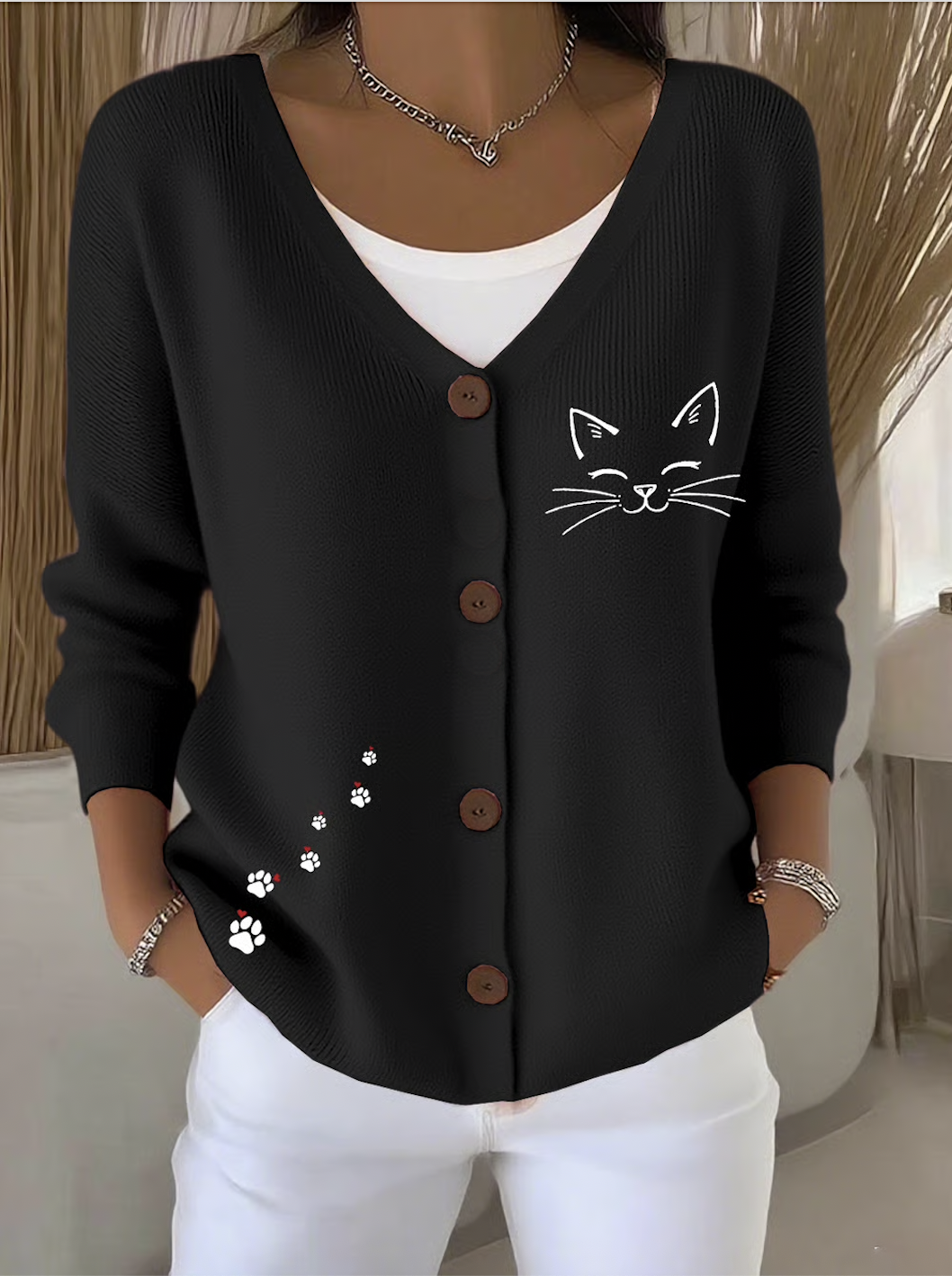 Women Cotton Animal Long Sleeve Comfy Casual Cardigan