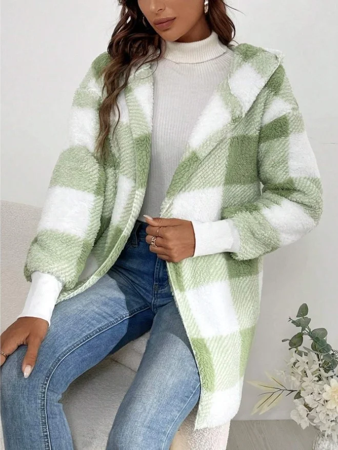 Women Spring/Fall Outerwear Vintage Split Joint Plaid Long Sleeve Hooded Jacket