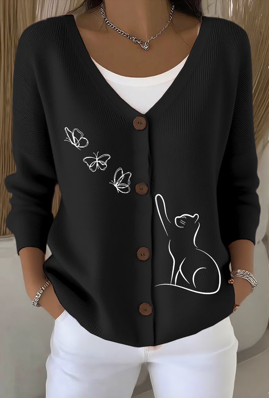 Women Cotton Animal Long Sleeve Comfy Casual Cardigan
