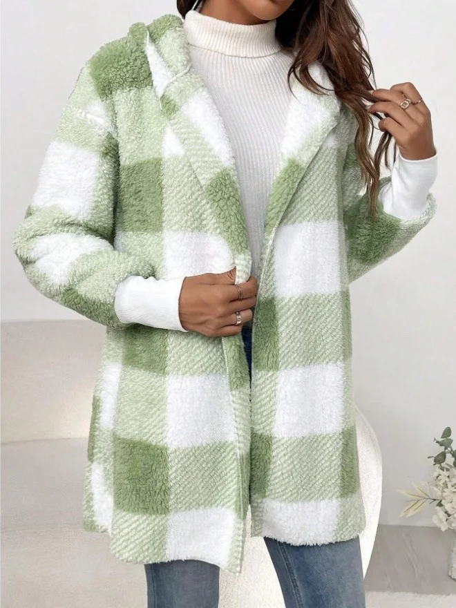 Women Spring/Fall Outerwear Vintage Split Joint Plaid Long Sleeve Hooded Jacket