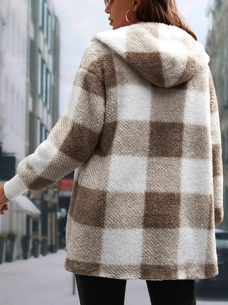 Women Spring/Fall Outerwear Vintage Split Joint Plaid Long Sleeve Hooded Jacket
