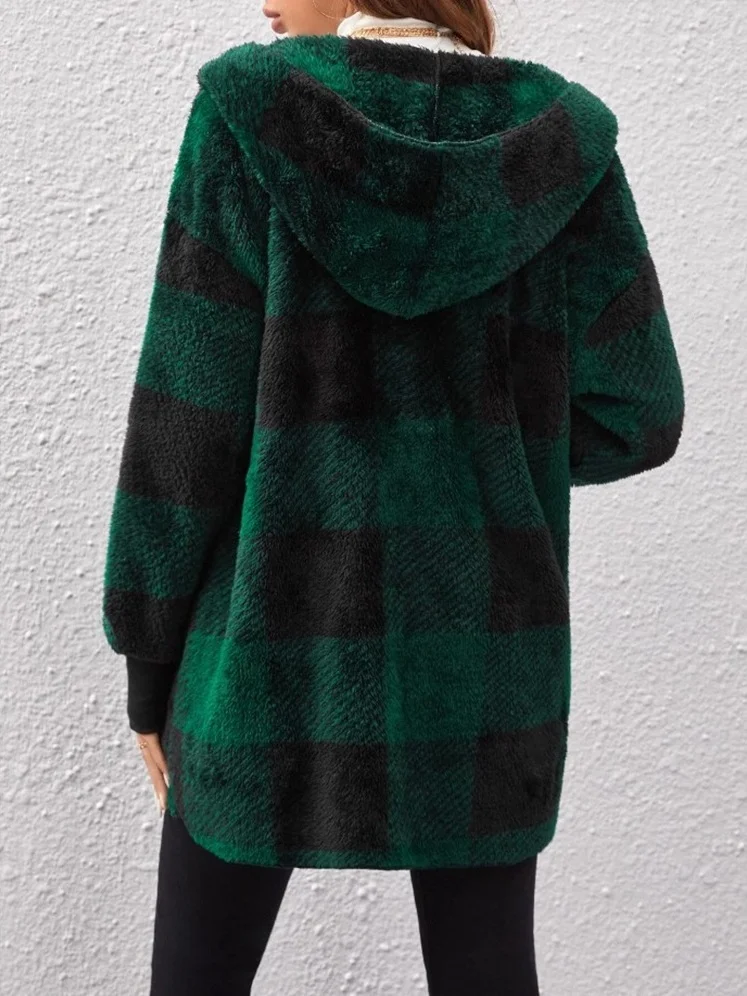 Women Spring/Fall Outerwear Vintage Split Joint Plaid Long Sleeve Hooded Jacket