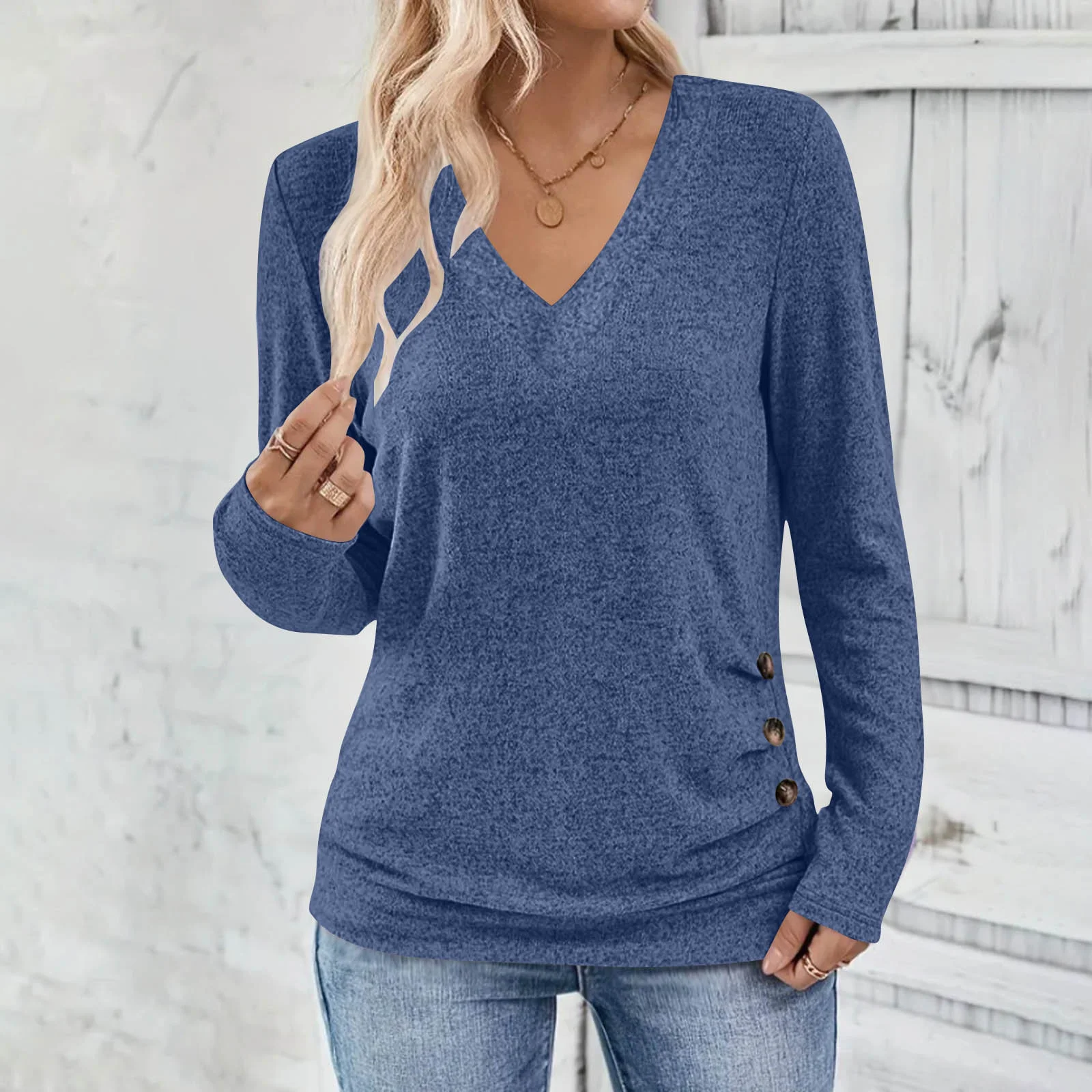 Casual Plain V Neck Long Sleeve T-shirt