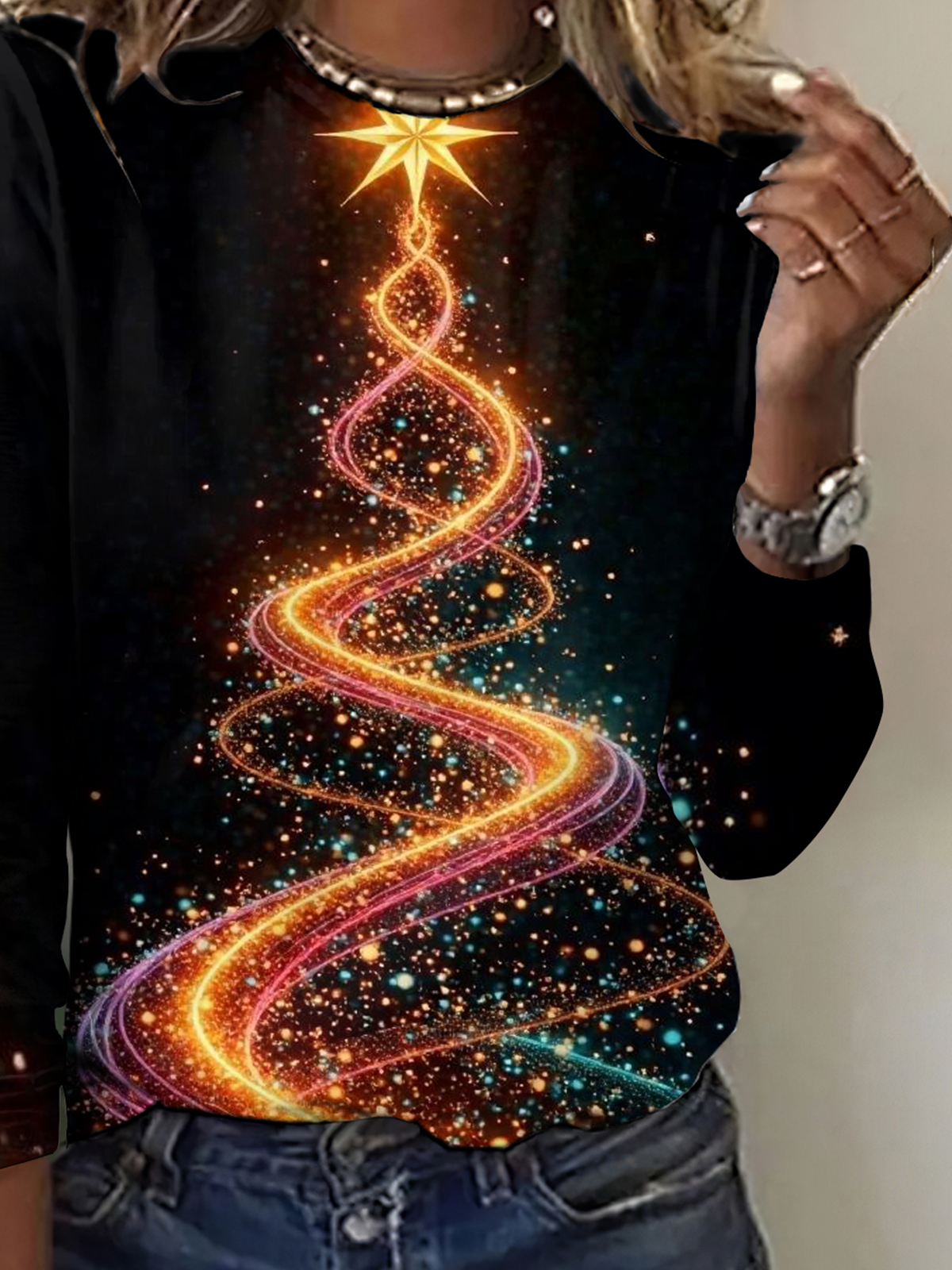 Vintage Christmas Tree Crew Neck Long Sleeve T-shirt