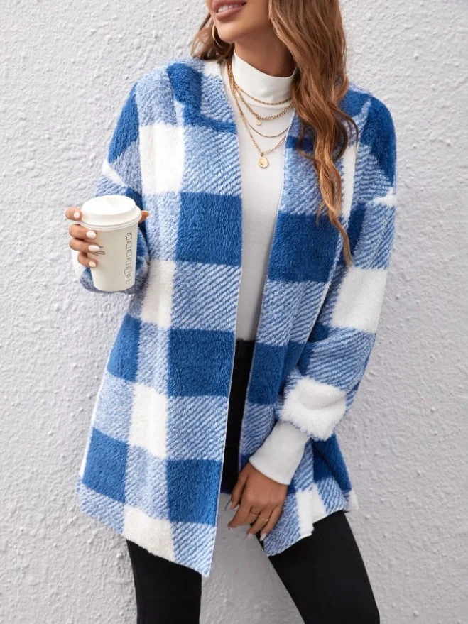 Women Spring/Fall Outerwear Vintage Split Joint Plaid Long Sleeve Hooded Jacket
