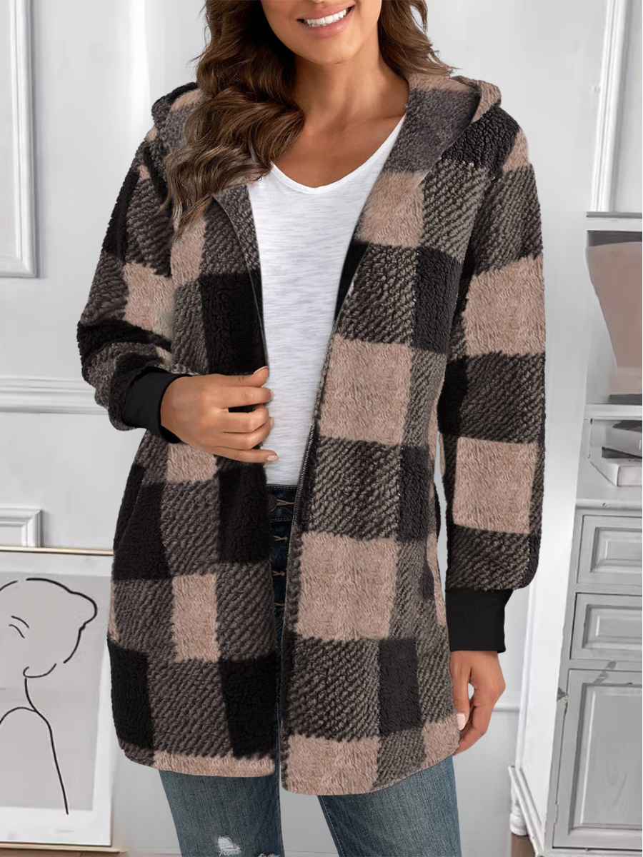 Women Spring/Fall Outerwear Vintage Split Joint Plaid Long Sleeve Hooded Jacket