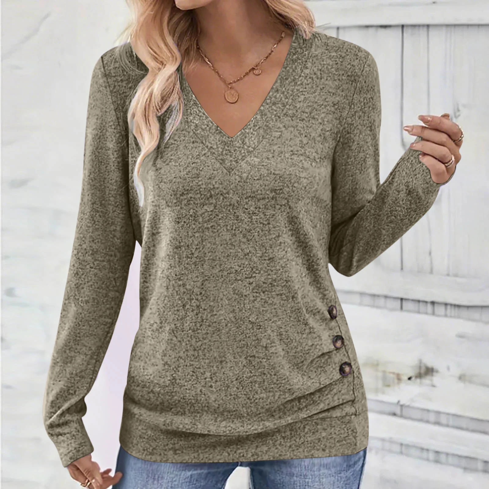 Casual Plain V Neck Long Sleeve T-shirt