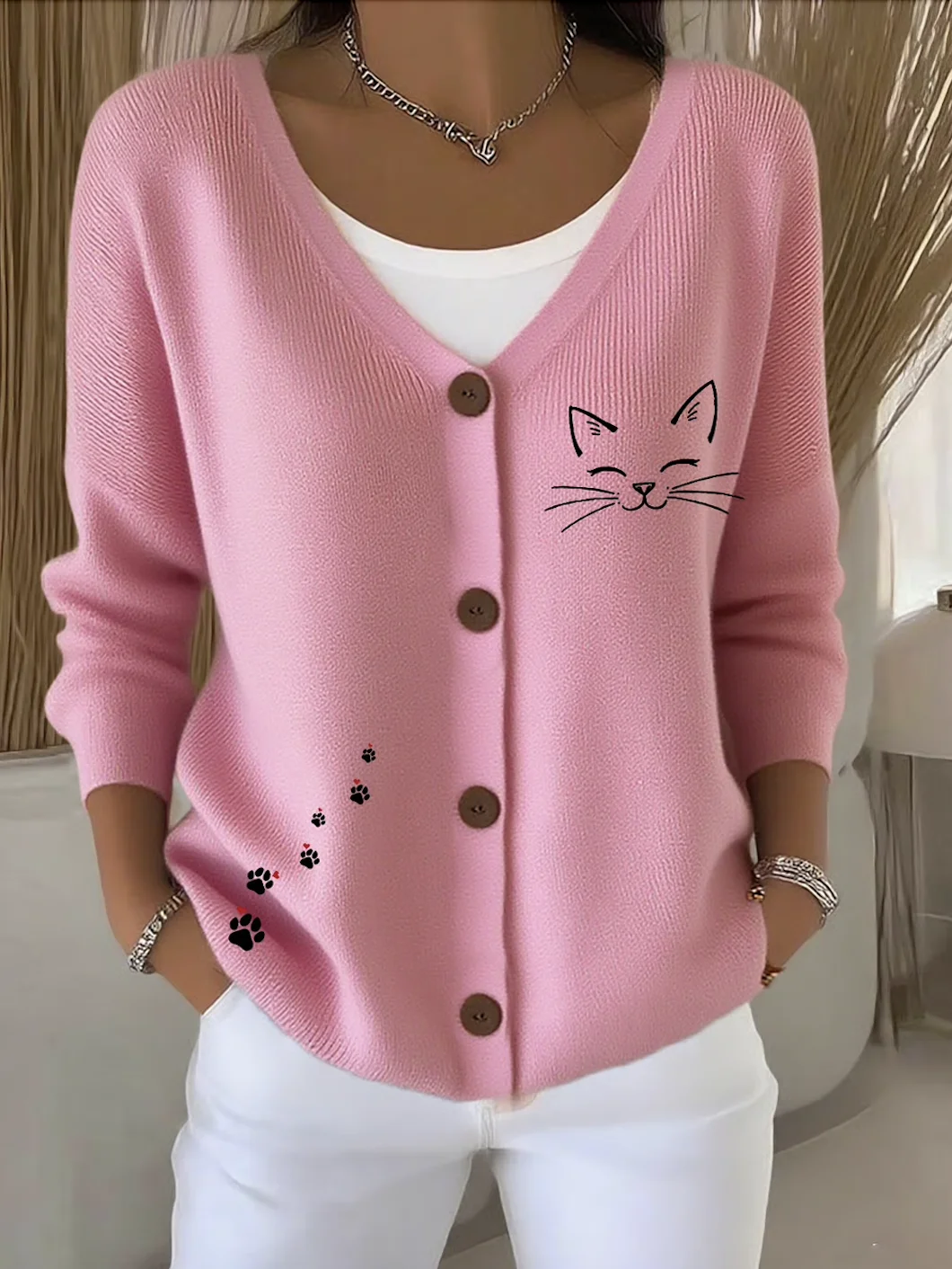 Women Cotton Animal Long Sleeve Comfy Casual Cardigan