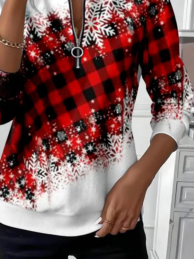 Casual Crew Neck Plaid Sweatshirt Printing