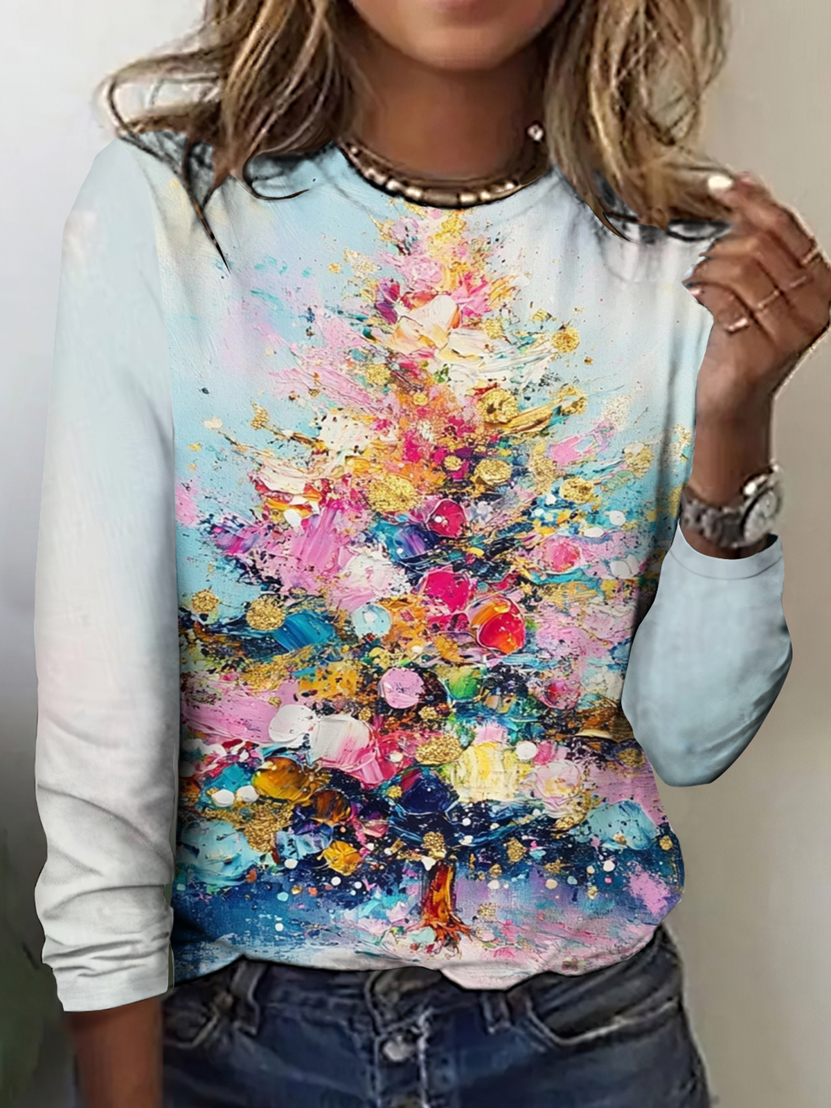 Vintage Christmas Tree Crew Neck Long Sleeve T-shirt