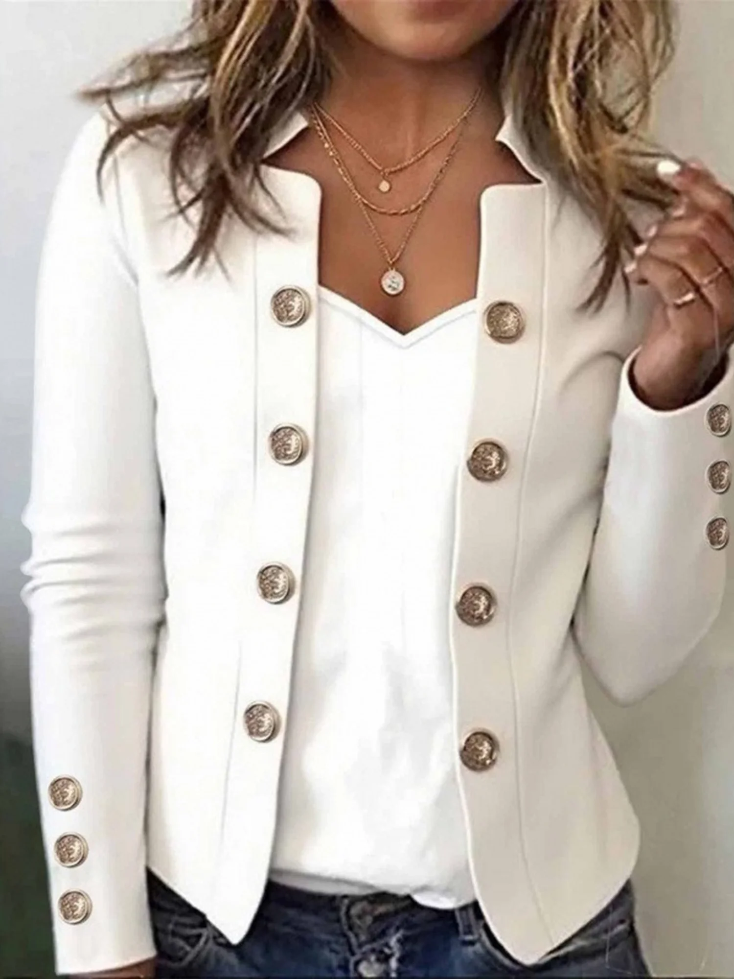 Women Plain Spring/Fall Outerwear Urban Buttoned Long Sleeve Notched Regular Blazer