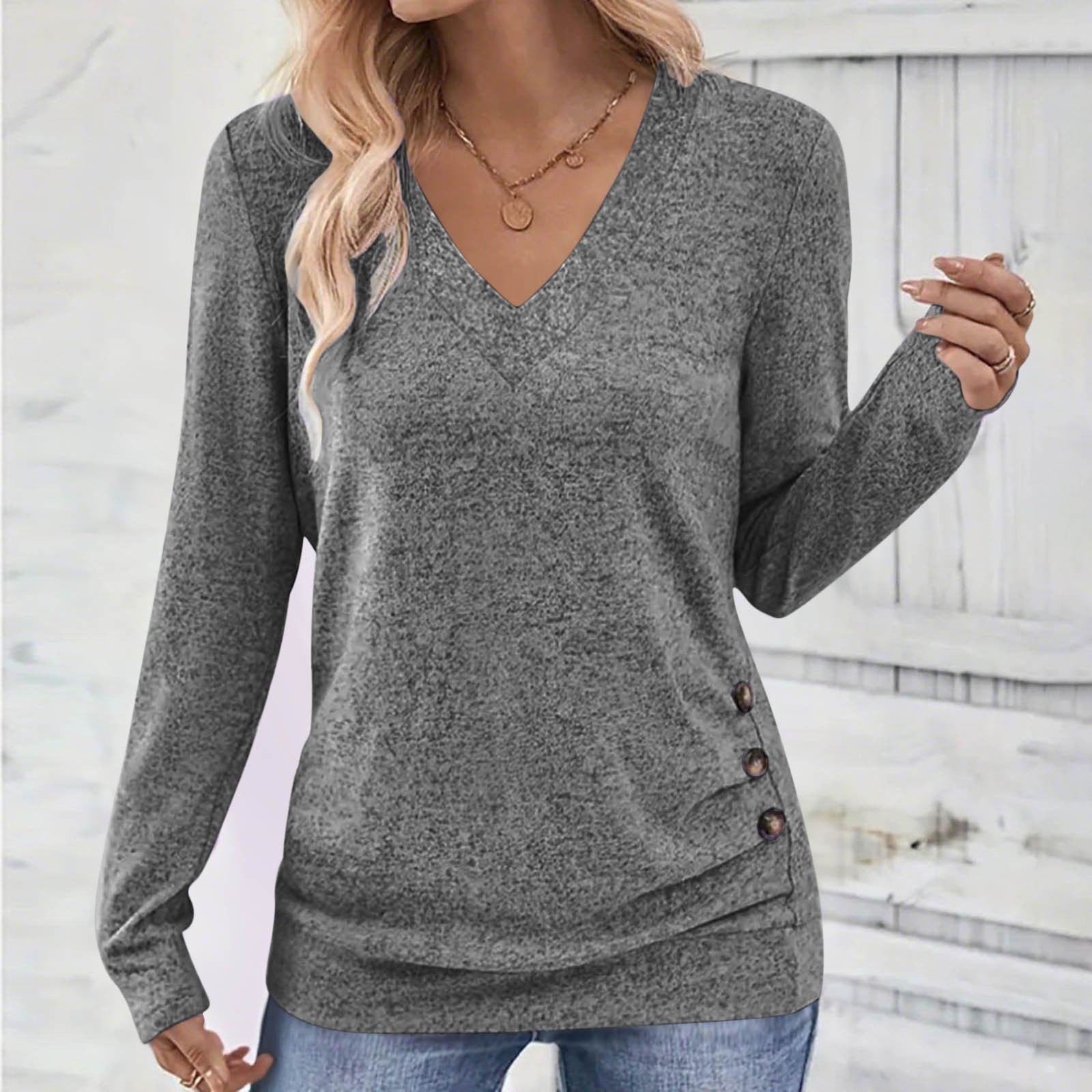 Casual Plain V Neck Long Sleeve T-shirt