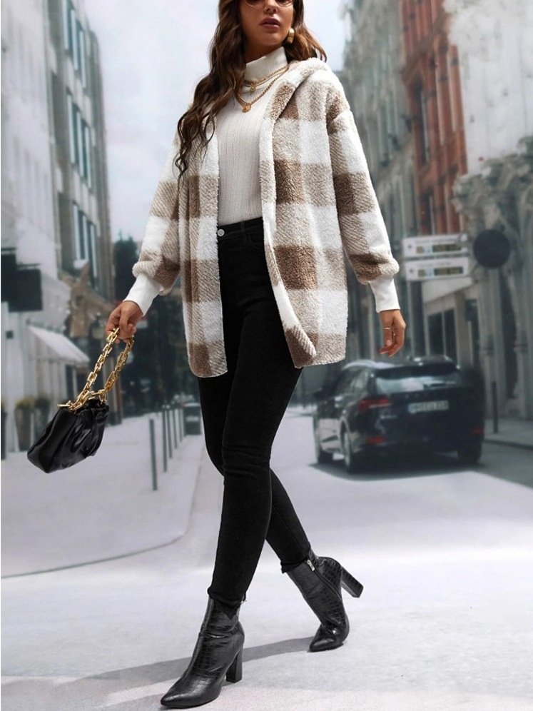 Women Spring/Fall Outerwear Vintage Split Joint Plaid Long Sleeve Hooded Jacket