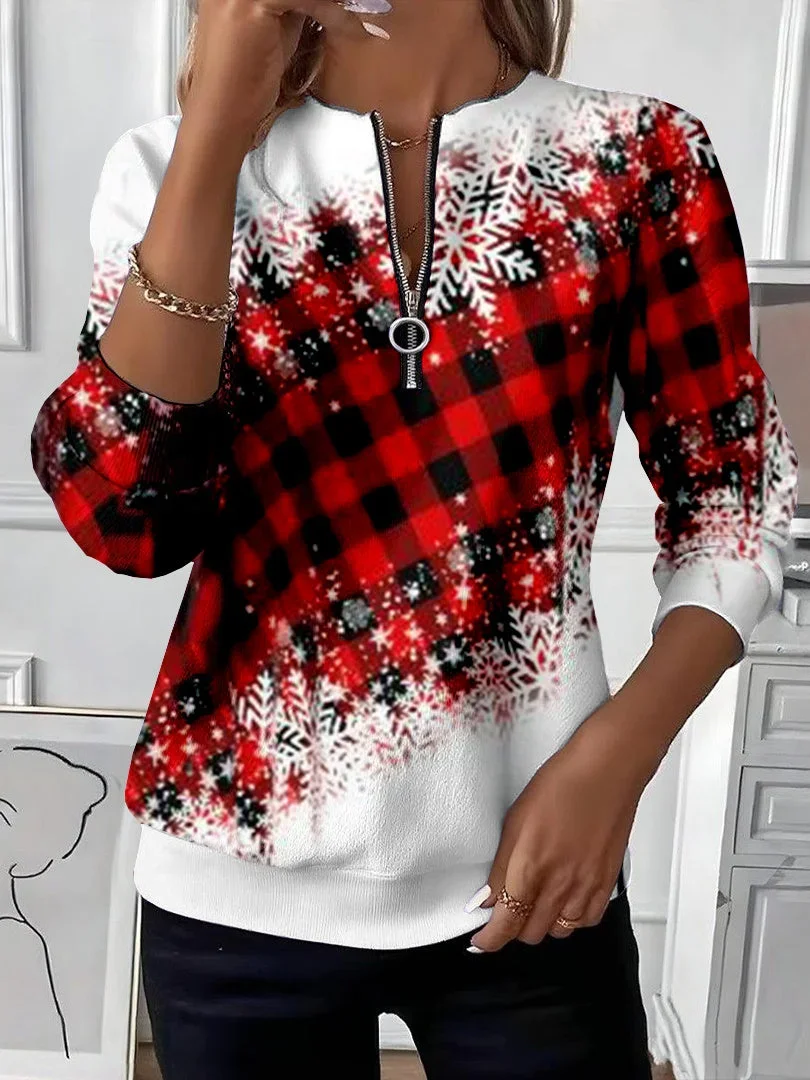 Casual Crew Neck Plaid Sweatshirt Printing