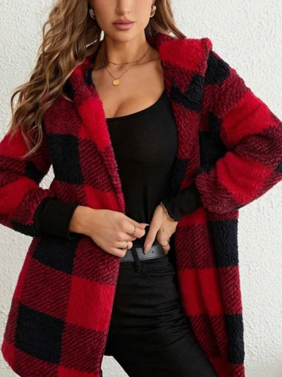 Women Spring/Fall Outerwear Vintage Split Joint Plaid Long Sleeve Hooded Jacket