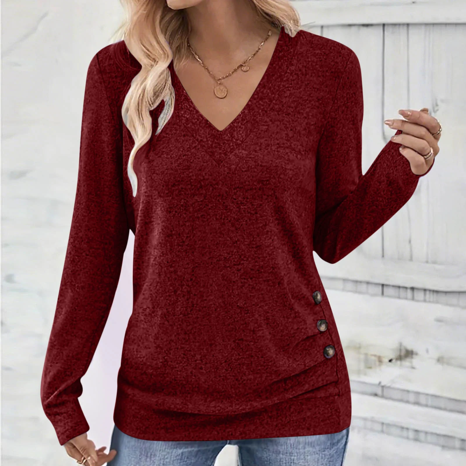 Casual Plain V Neck Long Sleeve T-shirt